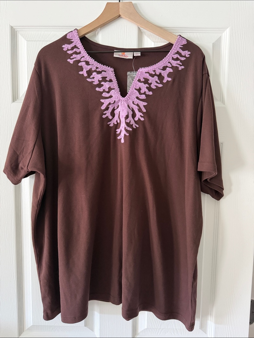 Quacker Factory Brown Short Sleeve Tee with Pink Embroidered V-Neck